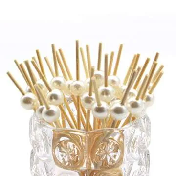 Minisland White Pearl Cocktail Picks, 4.7 Inch Long Bamboo Fancy Toothpicks for Appetizers, Decorative Christmas Bridal Wedding Party Food Drink Garnish Fruit Kabob Skewer Sticks 100 Counts - MSL152