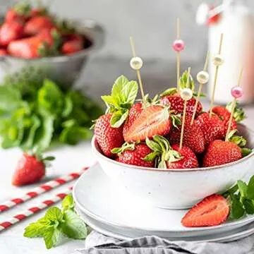 Minisland White Pearl Cocktail Picks, 4.7 Inch Long Bamboo Fancy Toothpicks for Appetizers, Decorative Christmas Bridal Wedding Party Food Drink Garnish Fruit Kabob Skewer Sticks 100 Counts - MSL152