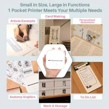 Memoking Mini Portable Printer - T02 Mini Inkless Printer Pocket Thermal Sticker Printer Mini Sticker Printer Mobile Picture Printer for Student, Gift, White (Bunny Case Not Included)