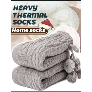 Slipper Socks for Women Fuzzy Fluffy Cabin Cozy Sleep Winter Warm Comfy Soft Fleece Thick Home Grips Non Slip Skid Socks Christmas Stocking Stuffer Valentines Day White Elephant Gift for Her Mom-Grey