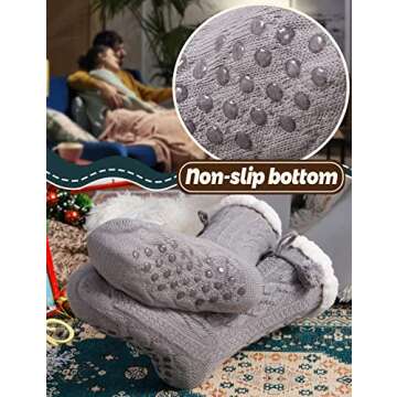 Slipper Socks for Women Fuzzy Fluffy Cabin Cozy Sleep Winter Warm Comfy Soft Fleece Thick Home Grips Non Slip Skid Socks Christmas Stocking Stuffer Valentines Day White Elephant Gift for Her Mom-Grey