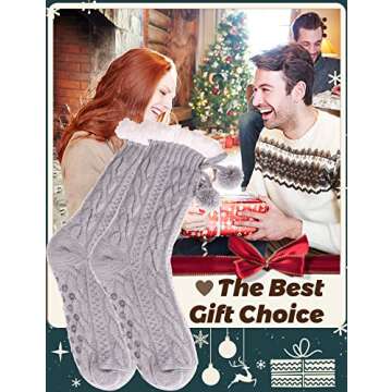 Slipper Socks for Women Fuzzy Fluffy Cabin Cozy Sleep Winter Warm Comfy Soft Fleece Thick Home Grips Non Slip Skid Socks Christmas Stocking Stuffer Valentines Day White Elephant Gift for Her Mom-Grey