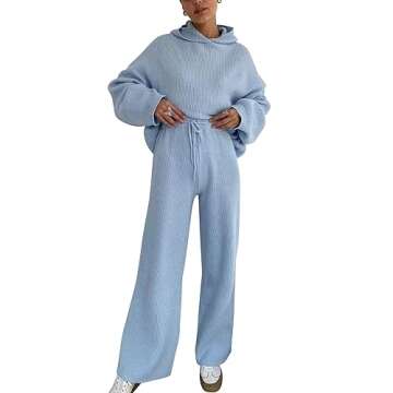 Inadays Women's Two Piece Outfits Sweater Sets Long Sleeve Knit Hooded Pullover and Wide Leg Pants Lounge Sets