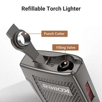 Cigar Lighter, Kollea Torch Lighter, Double Jet Butane Lighter with Fuel Gauge and Cigar Punch, Refillable & Windproof Torch Lighter, Gifts for Men for Father's Day, Birthday (Butane Gas Not Included)