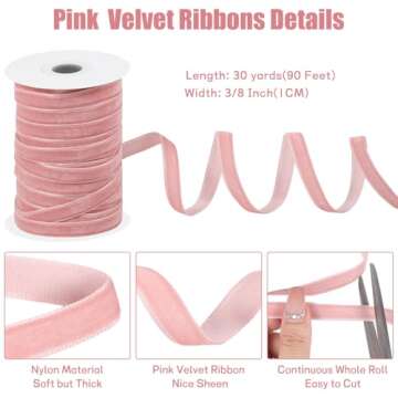 Pink Velvet Ribbon 3/8 Inch Velvet Fabric by The 30 Yards Vintage Thin Valentines Velvet Ribbon for ...