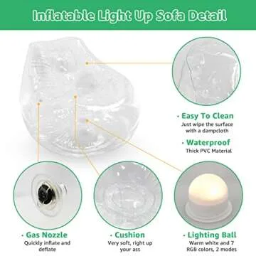 uuffoo Inflatable Chair Multi Color Sofa Portable Lazy Chair Bean Bag Style Chair with Remote Control LED Light Mood Lamp for Party Yoga Living Room Camping