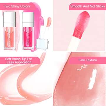 Lip Oil 2 Piece Set Moisturizing Lip Glow and Plumping Lip Oil with Cherry Oil Long-Lasting Lip Care Lip Glow Oil Color Reviver Moisturizing Non-Sticky Lip Oils Tinted Large Brush Head Shiny Tinted