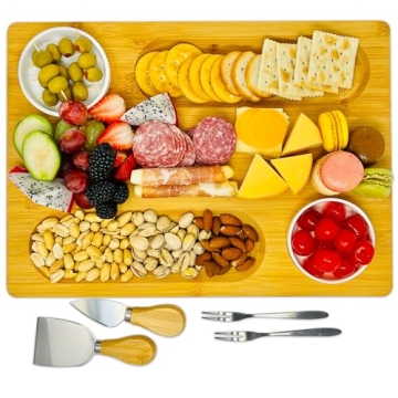 PandPal Bamboo Cheese Board with Knife, Bowl, Fork Set, Wood Charcuterie Platter & Food Serving Tray...