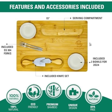 PandPal Bamboo Cheese Board with Knife, Bowl, Fork Set, Wood Charcuterie Platter & Food Serving Tray for Wine Glasses, Misoph Collection