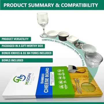 PandPal Bamboo Cheese Board with Knife, Bowl, Fork Set, Wood Charcuterie Platter & Food Serving Tray for Wine Glasses, Misoph Collection