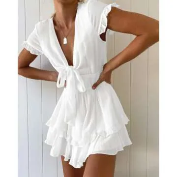 PRETTYGARDEN Women's 2024 Summer Swing Mini Dress V Neck Short Sleeve Ruffle Tiered Layer A-Line Short Bow Dress(White,Large)