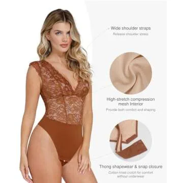 Popilush Lace Body Suits Women - Tank Top Thong Shapewear Tummy Control Going Out Tops Deep V Neck BodySuit