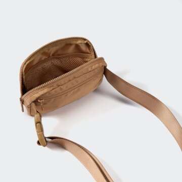 Pander Two Way Zipper Fanny Pack Nylon Everywhere Belt Bag for Women, Water Repellent Waist Packs, Crossbody Bags with Adjustable Strap (Caramel Brown).