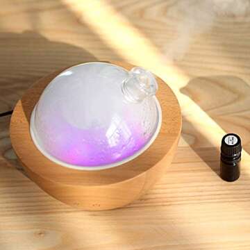 KAKODA Glass Aromatherapy Essential Oil Diffuser, 200ml Natural Wood Base, Desktop Ultrasonic Aroma Diffuse Essential Oil Humidifier,LED Light Available in 7 Colors, Suitable for Home Office Bedroom