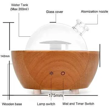 KAKODA Glass Aromatherapy Essential Oil Diffuser, 200ml Natural Wood Base, Desktop Ultrasonic Aroma Diffuse Essential Oil Humidifier,LED Light Available in 7 Colors, Suitable for Home Office Bedroom