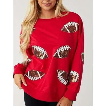 Joiemont Womens Football Sequin Embroidery Loose Fit Sweatshirt Casual Crewneck Pullover Long Sleeve Gameday Tops(0486-Red-M)