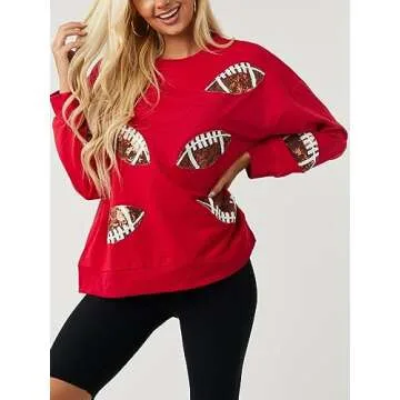 Joiemont Womens Football Sequin Embroidery Loose Fit Sweatshirt Casual Crewneck Pullover Long Sleeve Gameday Tops(0486-Red-M)