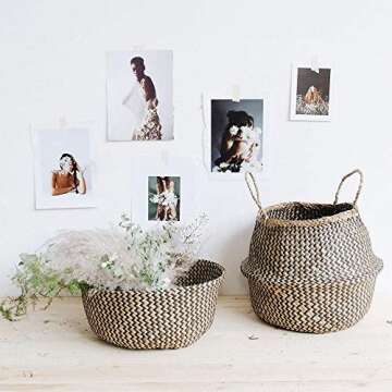 Natural Craft Seagrass Plant Basket for Storage Size (12x12x11 inches) - Style: Black Zigzag, Laundry, Picnic - Plant Pots Cover Indoor Home Decor - Hand Woven Straw Beach Bag with Handles M
