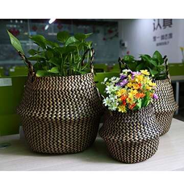 Natural Craft Seagrass Plant Basket for Storage Size (12x12x11 inches) - Style: Black Zigzag, Laundry, Picnic - Plant Pots Cover Indoor Home Decor - Hand Woven Straw Beach Bag with Handles M