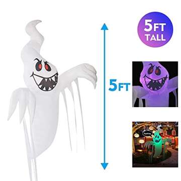 GOOSH 5 FT Halloween Inflatable Hanging Ghost with Built-in Colorful Flashing LED Light, Blow Up Yard Decoration with LED Lights Built-in for Holiday/Party/Yard/Garden