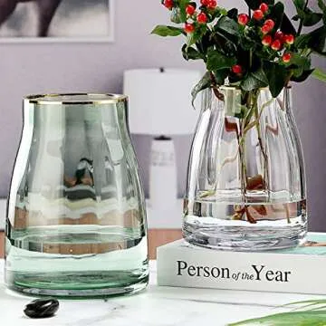 VanEnjoy 7 inch Clear Simple Glass Flower Vase, Decorative Gilded Rim Vase Home Decor for Indoor Centerpiece