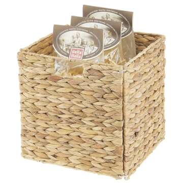 mDesign Natural Woven Hyacinth Cube Organizer Basket with Handles - Storage for Kitchen Cabinet or Pantry Shelf, Perfect for Cubby Storage Units, Holds Snacks or Small Appliances, 2 Pack, Natural/Tan