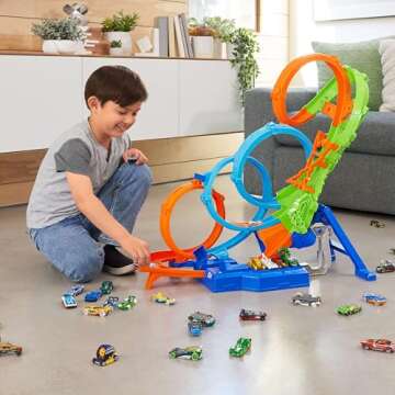 Hot Wheels Track Set with 4 Loops, 3-Way Crash Zone & Motorized Booster, Folds for Storage, with 1:6...