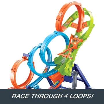 Hot Wheels Track Set with 4 Loops, 3-Way Crash Zone & Motorized Booster, Folds for Storage, with 1:64 Scale Toy Car