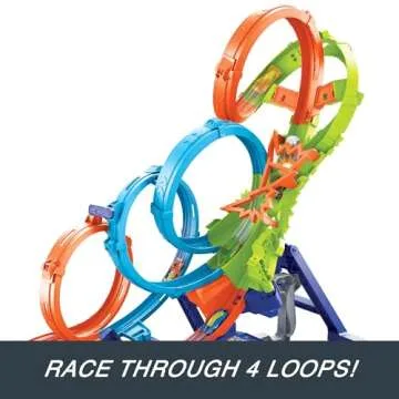 Hot Wheels Track Set with 4 Loops, 3-Way Crash Zone & Motorized Booster, Folds for Storage, with 1:64 Scale Toy Car