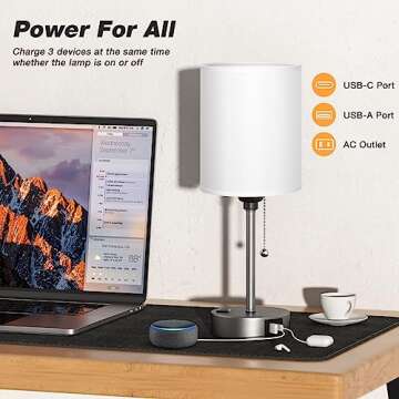 Dicoool White Bedside Lamp for Bedroom - 3 Color Temperatures Desk Lamp with USB C and A Ports, Pull Chain Table Lamp with AC Outlet, Nightstand Lamp with Silver Metal Base for Kids Girls