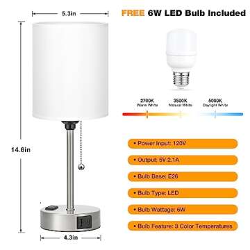Dicoool White Bedside Lamp for Bedroom - 3 Color Temperatures Desk Lamp with USB C and A Ports, Pull Chain Table Lamp with AC Outlet, Nightstand Lamp with Silver Metal Base for Kids Girls
