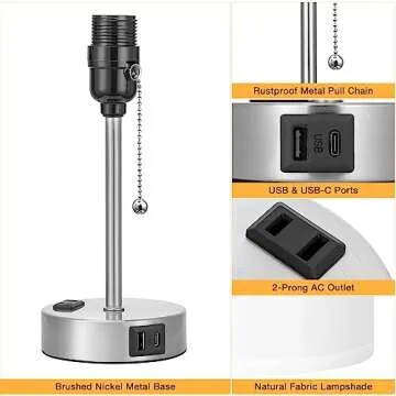 Dicoool White Bedside Lamp for Bedroom - 3 Color Temperatures Desk Lamp with USB C and A Ports, Pull Chain Table Lamp with AC Outlet, Nightstand Lamp with Silver Metal Base for Kids Girls