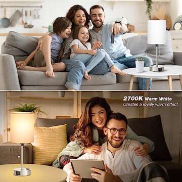 Dicoool White Bedside Lamp for Bedroom - 3 Color Temperatures Desk Lamp with USB C and A Ports, Pull Chain Table Lamp with AC Outlet, Nightstand Lamp with Silver Metal Base for Kids Girls
