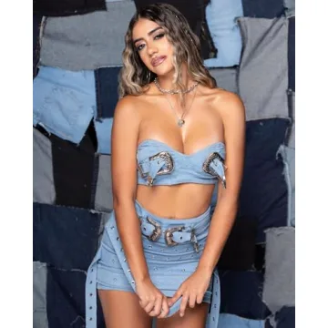 Trendy Molilove Women’s Denim Skirt & Tube Top Set