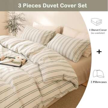 VM VOUGEMARKET Striped Duvet Cover Set Queen Beige 100% Washed Cotton Bedding Set,Grey Vertical Tick...