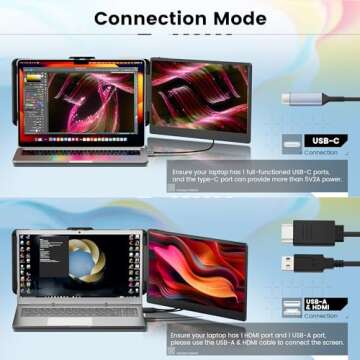 domyfan 14" Laptop Monitor Extender, FHD 1080P IPS Dual Laptop Screen Extender, HDMI/USB-A/Type-C Plug and Play for Windows, Mac, Chrome, Android, Xbox, Switch, PS5, Work with 13.3”-17” Laptops