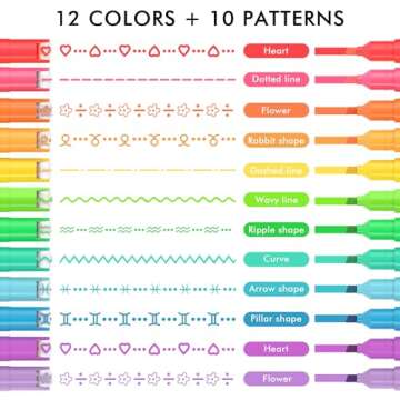 AOROKI 12 Colored Curve Highlighter Pen Set, 10 Different Shapes Dual Tip Marker Highlighters for Jo...