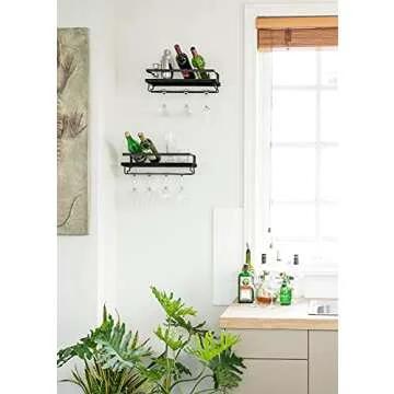 Mkono Wall Mounted Wine Rack Set of 2 Wood Shelf Rustic Wine Bottle Glass Floating Shelves with Stemware Hanger Modern Plants Photos Wine Display Storage Holder for Kitchen Dining Room Bar, Black