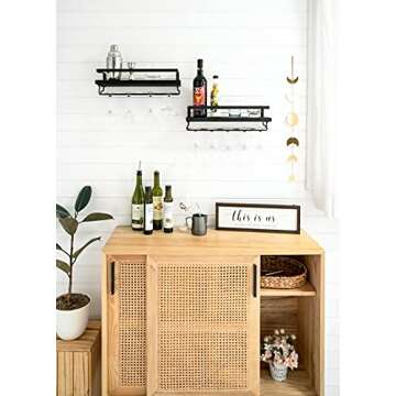 Mkono Wall Mounted Wine Rack Set of 2 Wood Shelf Rustic Wine Bottle Glass Floating Shelves with Stemware Hanger Modern Plants Photos Wine Display Storage Holder for Kitchen Dining Room Bar, Black