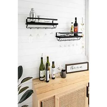 Mkono Wall Mounted Wine Rack Set of 2 Wood Shelf Rustic Wine Bottle Glass Floating Shelves with Stemware Hanger Modern Plants Photos Wine Display Storage Holder for Kitchen Dining Room Bar, Black