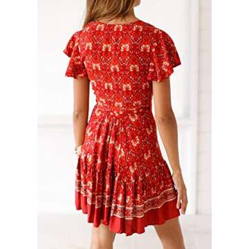 R.Vivimos Women's Summer Short Sleeve Casual Bohemian Beach Ruffle Floral Print Bow Tie Short Sun Dr...