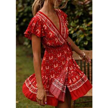 R.Vivimos Women's Summer Short Sleeve Casual Bohemian Beach Ruffle Floral Print Bow Tie Short Sun Dress (Small, Red-2)
