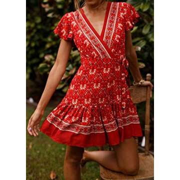 R.Vivimos Women's Summer Short Sleeve Casual Bohemian Beach Ruffle Floral Print Bow Tie Short Sun Dress (Small, Red-2)