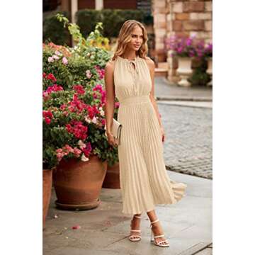 PRETTYGARDEN Women's Midi Summer Dresses Casual V Neck Swiss Dot Ruffle Sleeveless A Line Beach Sun Dress (Apricot,Large)