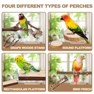 LIMIO 6PCS Bird Perch 2 Grape Stick Paw Grinding Fork Natural Wood Bird Stand 4 Parrot Stand Bird Toys for Parakeets Chewing Exercise Branches, Bird Cage Accessories for Cockatiels, Conure, Budgies