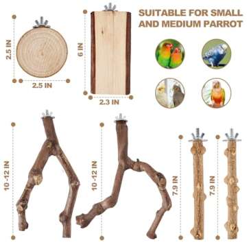 LIMIO 6PCS Bird Perch 2 Grape Stick Paw Grinding Fork Natural Wood Bird Stand 4 Parrot Stand Bird Toys for Parakeets Chewing Exercise Branches, Bird Cage Accessories for Cockatiels, Conure, Budgies