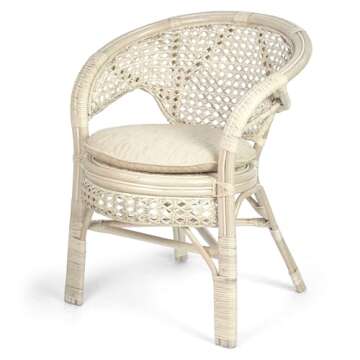 Pelangi Handmade Rattan Dining Wicker Chair White Wash Color w/Cushion