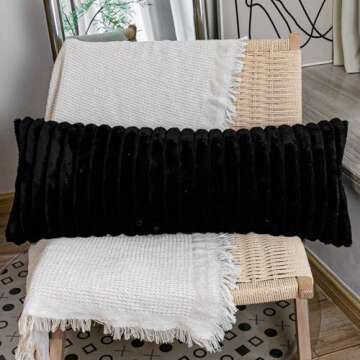 JoraLion Faux Fur Lumbar Pillow Cover 14 x 36 inch, Black Throw Pillow Cover Luxurious Soft Couch Co...