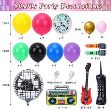 RUBFAC 80s 90s Theme Party Decorations 110Pcs Balloon Garland Kit 6PCS Inflatable Disco Ball Radio B...