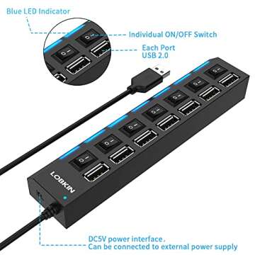 7 Port USB 2.0 Computer Networking Hubs, Ultra Slim Portable Data Hub Individual LED lit Power Switc...